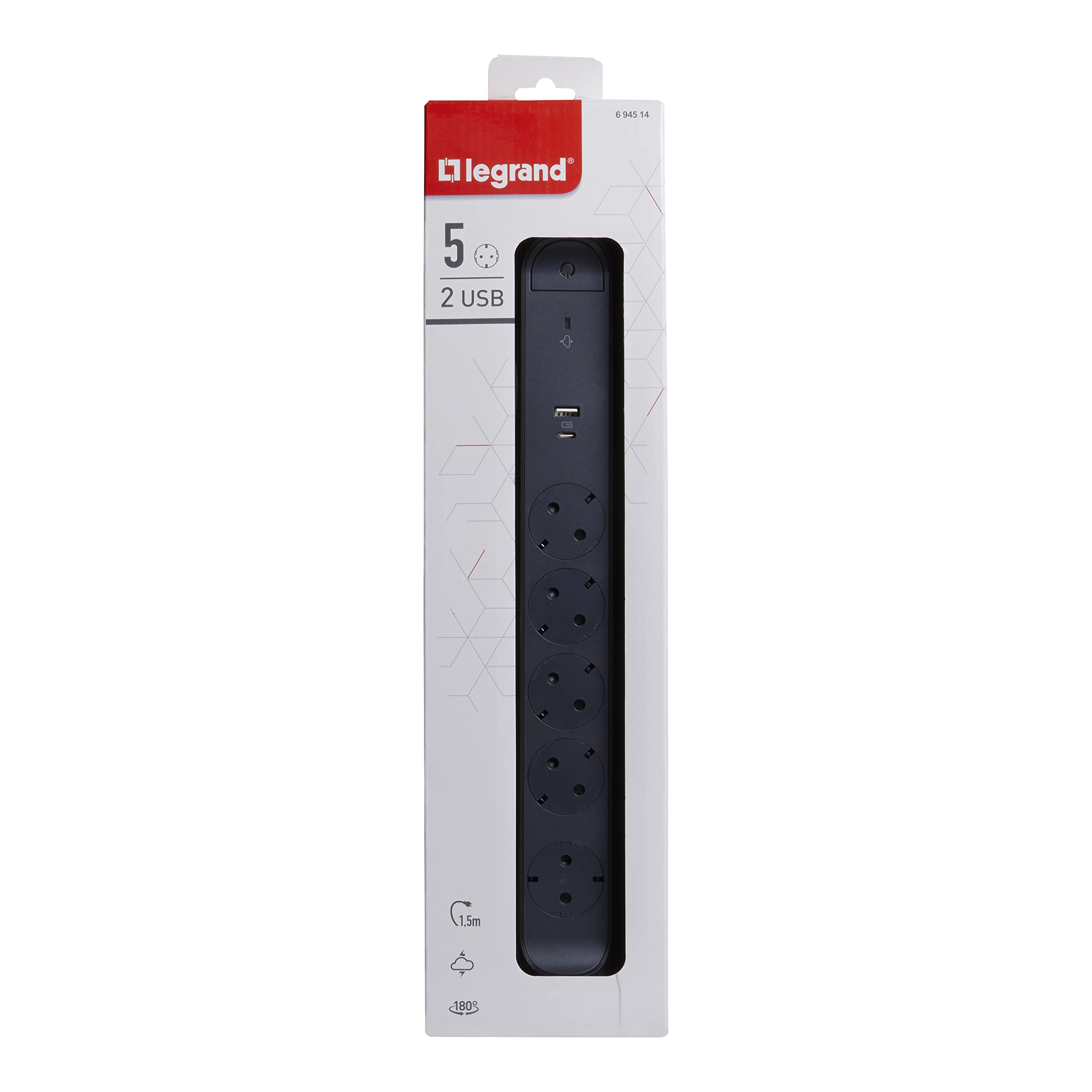 Legrand, Ciabatta elettrica girevole, 5 prese, presa multipla, porta USB A e USB-C, protezione da sovratensione integrata con indicatore di stato (SPD), cavo da 1,5 m, nero/grigio scuro, 694514