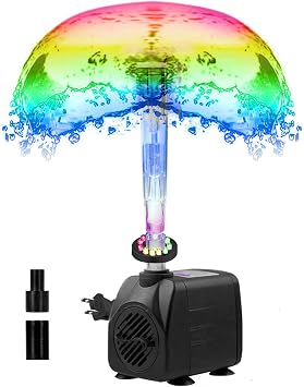 Lewisia LED Water Pump with Fountain Kit Mushroom Spray Head Submersible Water Pump for Garden Pond Waterfall Hydroponics Aquariums Fish Tanks Indoor Outdoor 8W