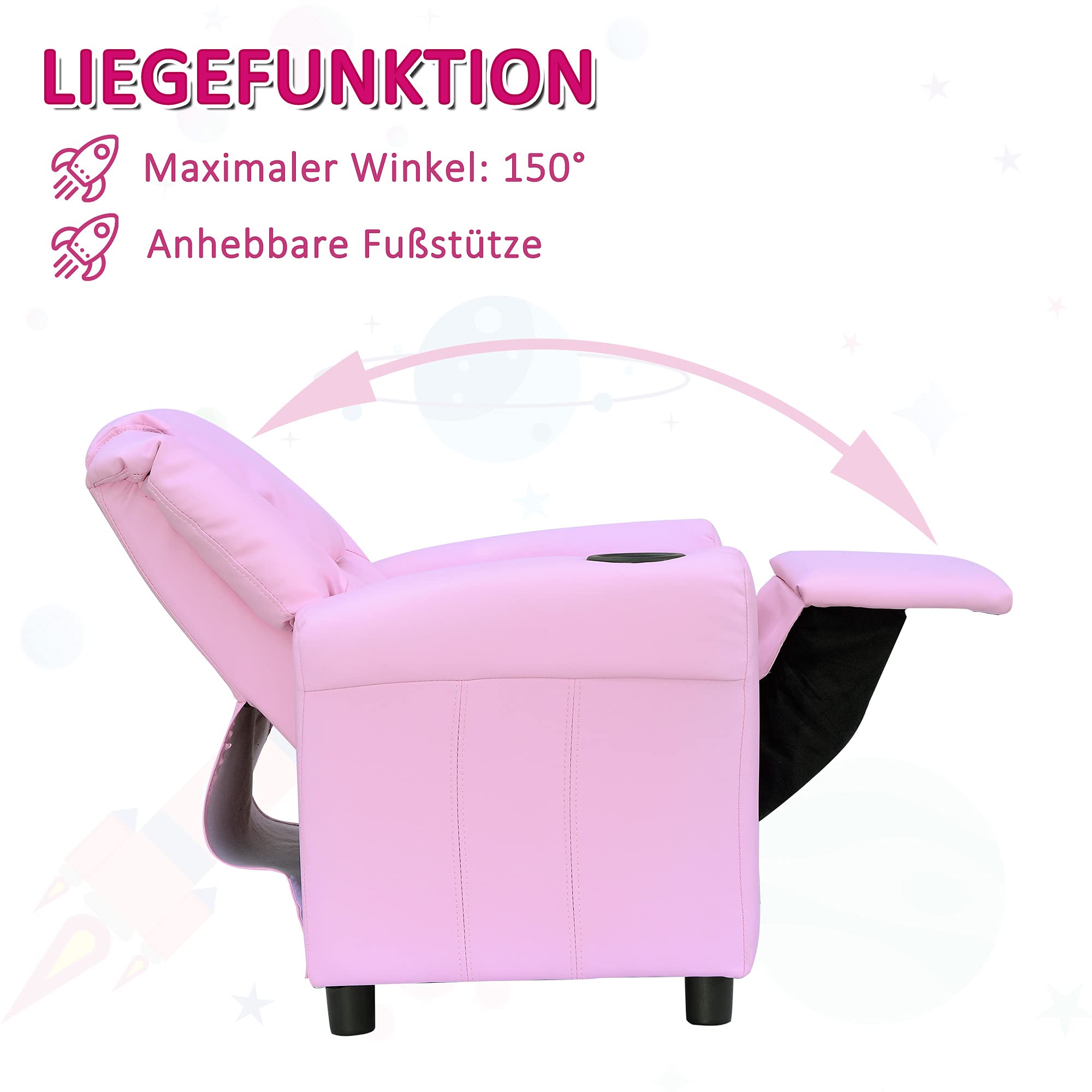 HOMCOM Kindersofa Kindersessel mit Fußstütze Armlehne Getränkehaltern verstellbare Rückenlehne Liegecouch Kindercouch Relaxsessel Kinder Sofa für 3-6 Jahre Jungen Mädchen Rosa