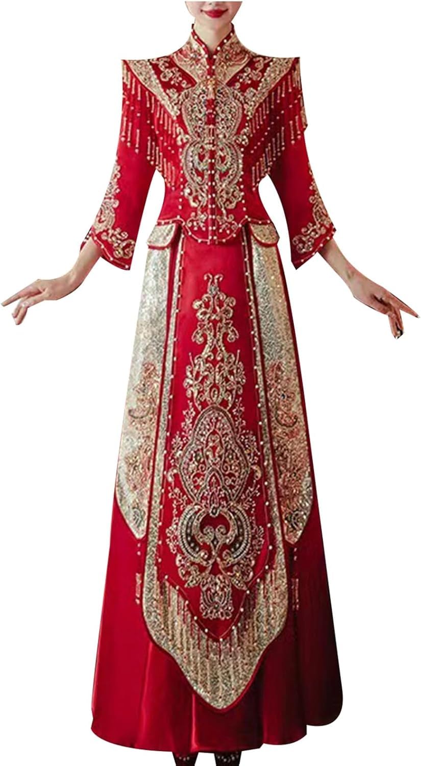 DFrywdgSEY Chinese Wedding Dress, Red Chinese Wedding Dress Xiuhe Gorgeous Embroidered Tops Qipao Suit for Occasions Such As Marriage Engagemen(XXL)