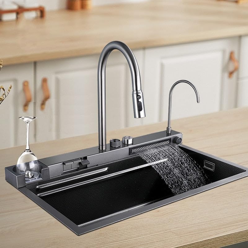 ARQUIN 30" x 18" x 9" Fully Equipped Kitchen Sink with Integrated Dual Waterfall and Pull-down Faucets with 304 Grade Stainless Steel Nano Black Finish Sink with LED Pannel and Digital Display (B0CR6Q68Z9) Amazon Price History, Amazon Price Tracker