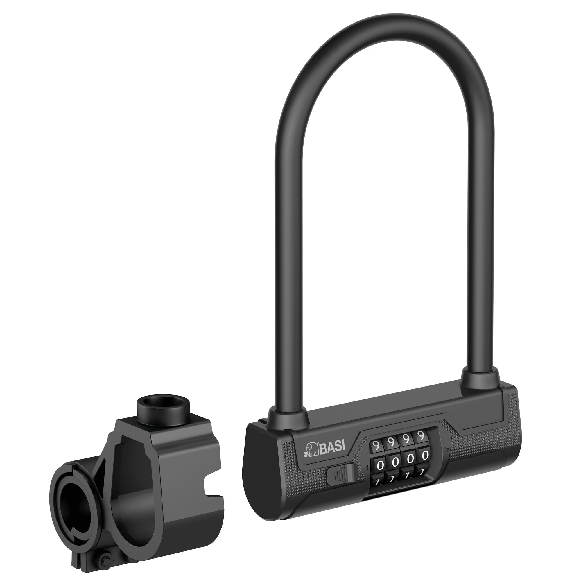 BASI | Antivol en U avec code numérique à 4 chiffres avec support de cadre | Épaisseur de l'anse de 14 mm | Antivol de vélo U avec étrier rond | Serrure pour vélo, vélo électrique, moto | Protection
