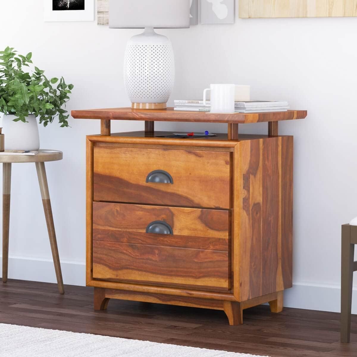 Solid Sheesham Wood Bedside Table with 2 Drawer for Bedroom | Wooden Bed Side Tables with Drawers | Nightstand Side Table with 2 Drawers Storage for Home (Honey)