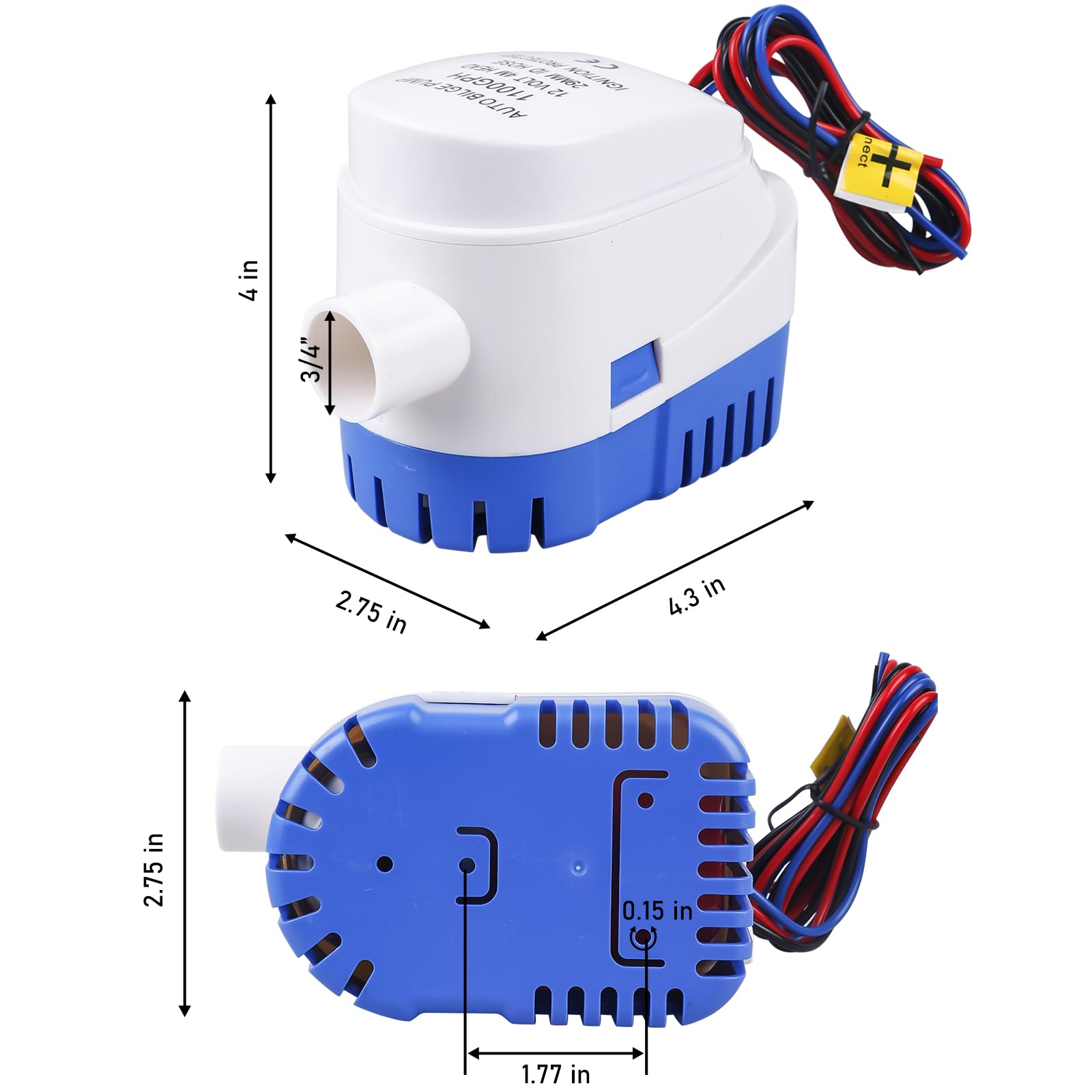 Pompe de cale automatique, 12 V, 1100 gph/70 lpm, automatique, pour bateau, étang, piscine
