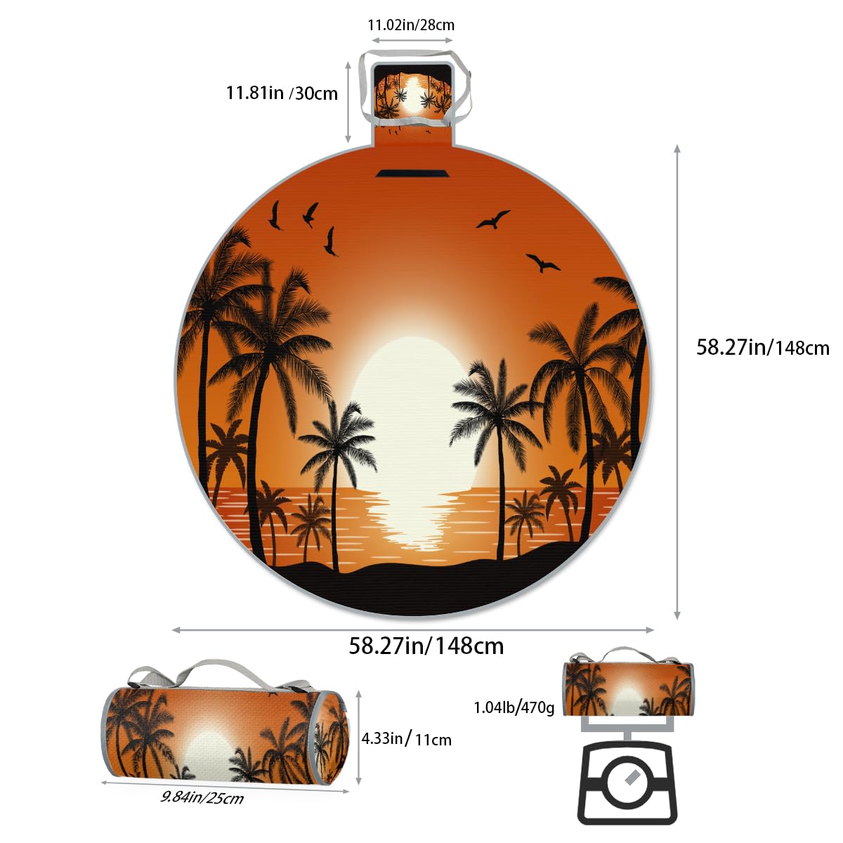 Shimoshe Sunset Seagull Palm Tree Picnic Outdoor Blanket Foldable Waterproof Sandproof Beach Blanket Portable Water-Resistant Round Picnic Mat for Travel Camping Park Lawn