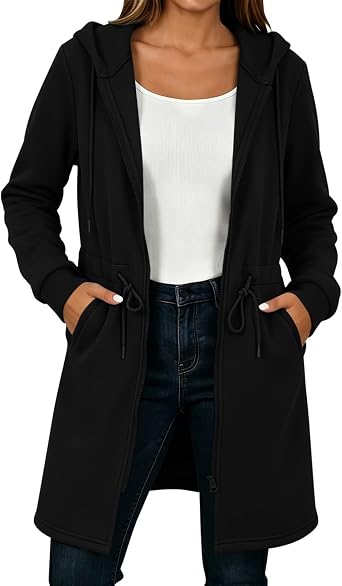 GOHRSHA Long Zip Up Hoodie Women Tunic Sweatshirt Adjustable Waist Jacket | Long Tunic Sweatshirts for Women Lightweight Trendy Fall Zip Up Jackets Zip Up Hoodie Women