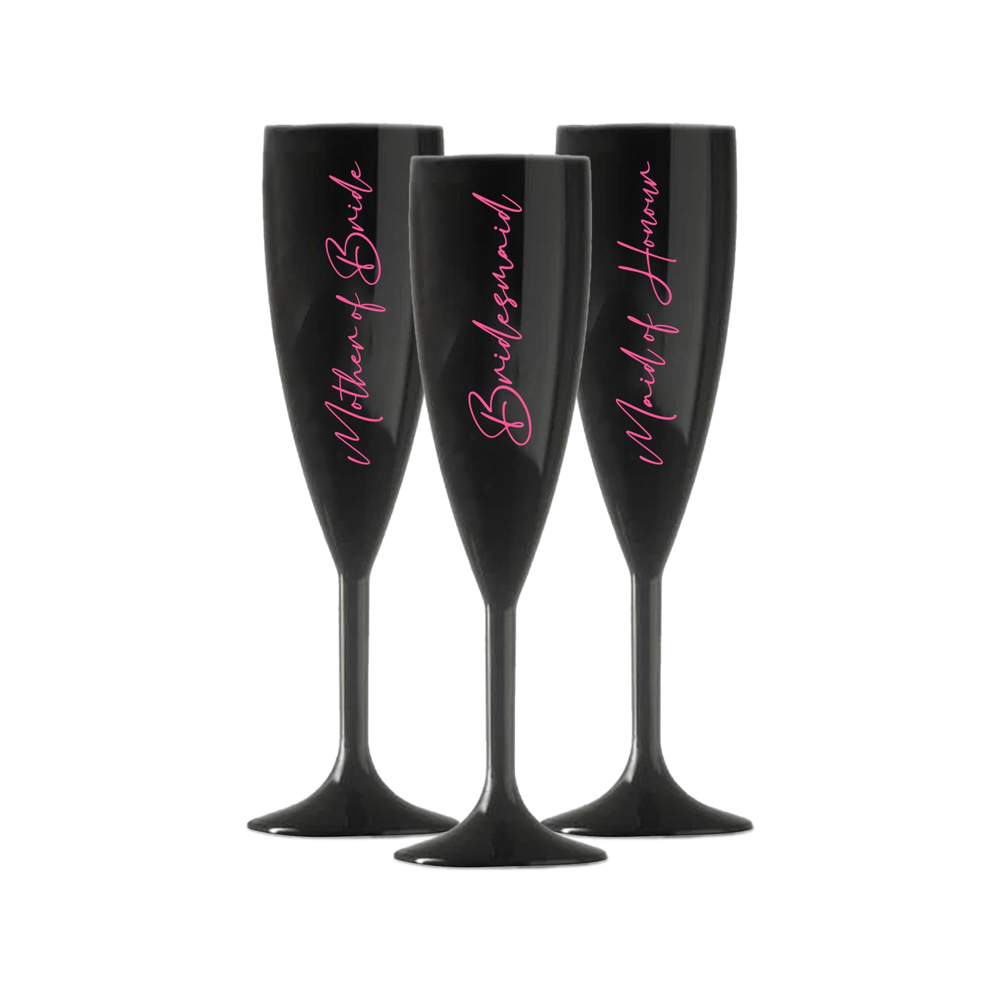 Print Maniacs Champagne Premium Black Flute Glass Bride Groom Mr Mrs Wedding Maid Honour Wine Cocktail Prosecco Celebrations Gift (Baby Pink, Set of 3 Brides Side)