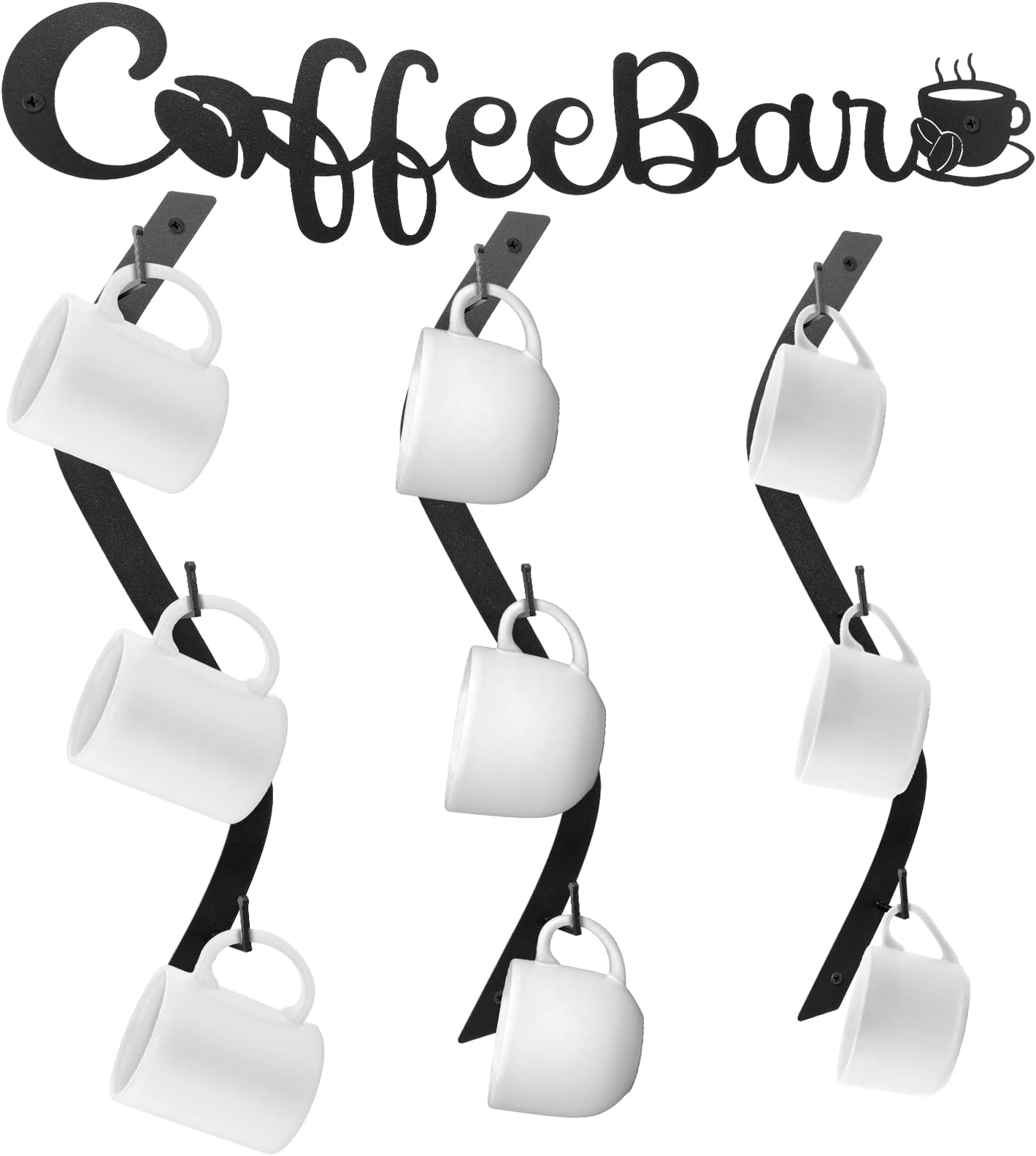 Peryiter Coffee Cup Holder Coffee Mug Wall Rack Mounted with Bar Shelf Curve Metal Cup Rack Wall Hanging Holder with 9 Hooks for Kitchen Bar Office Corner Station Decor Display