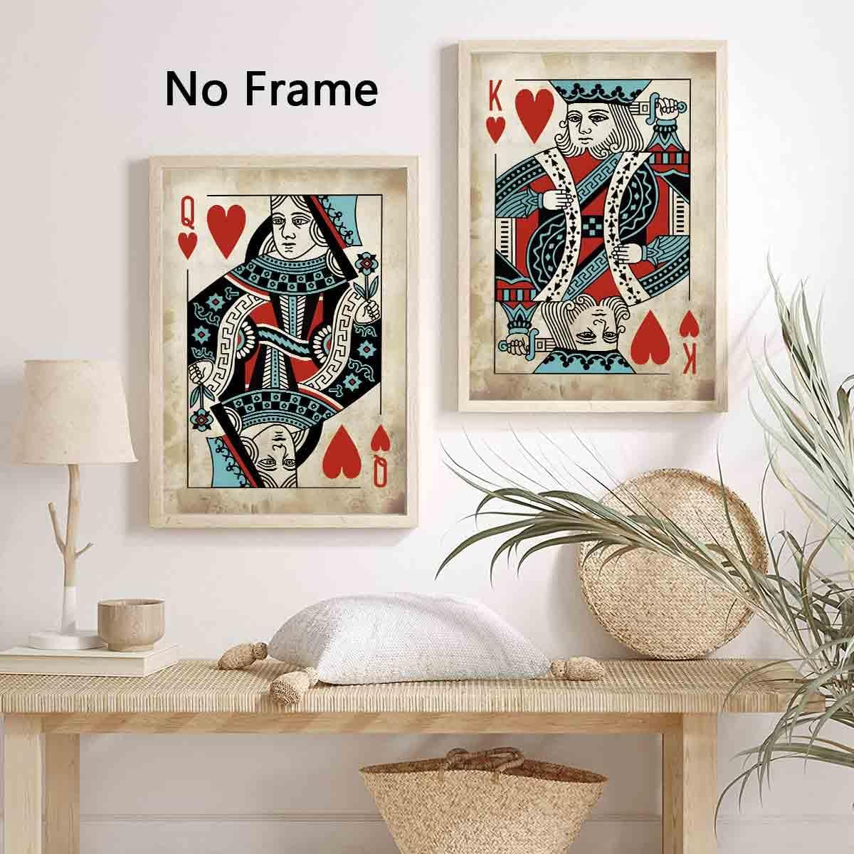 Retro Playing Card Artwork - 3 Pcs Canvas Wall Art - Queen And King Playing Cards - Red Heart Playing Card Wall Art - Living Room Decor - 16x24inchx3 No Frame