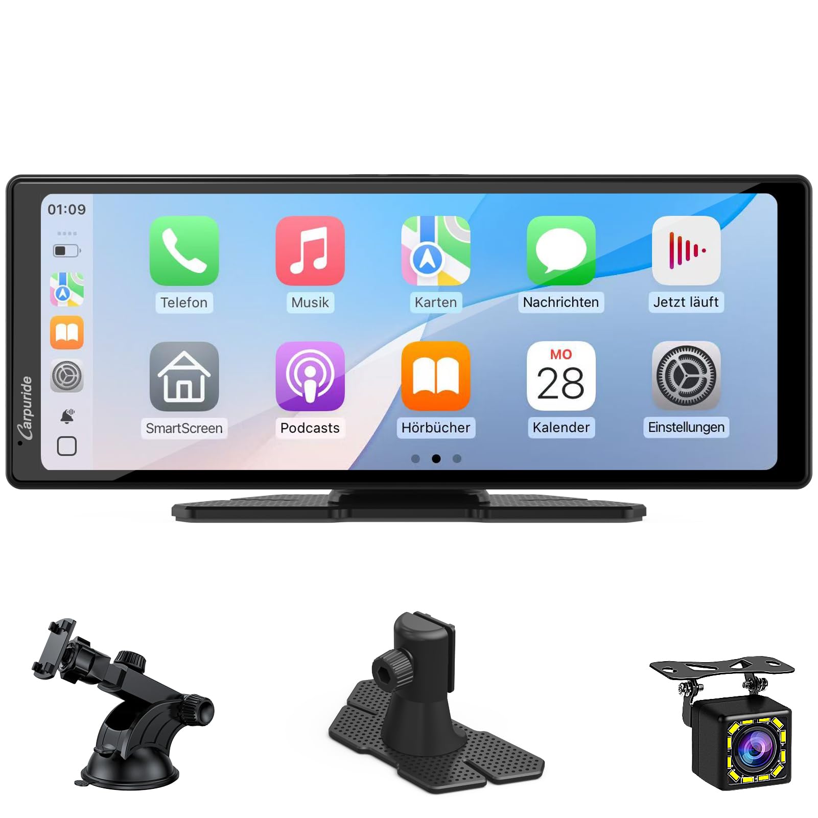 Carpuride V92R Tragbarer Carplay-Bildschirm, kabelloses Carplay & Android Auto, 10,26 Zoll 1080P HD Touchscreen Radio mit echter 720P Rückfahrkamera/BT 5.0/Mirror Link Unterstützung LKW RV