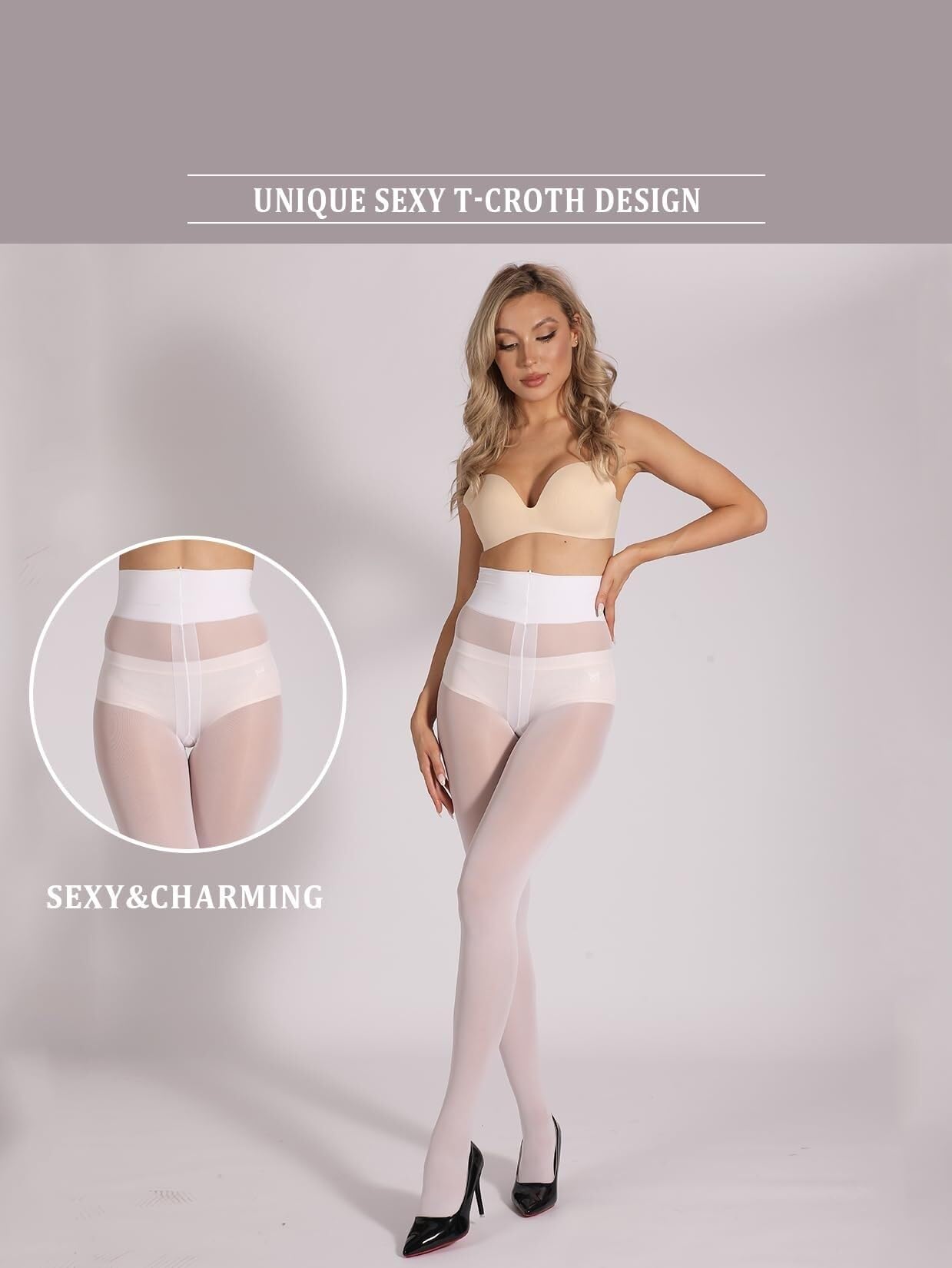 Collant indistruttibili semi-velati da donna resistenti agli strappi a vita alta con dita rinforzate, bianco, 95