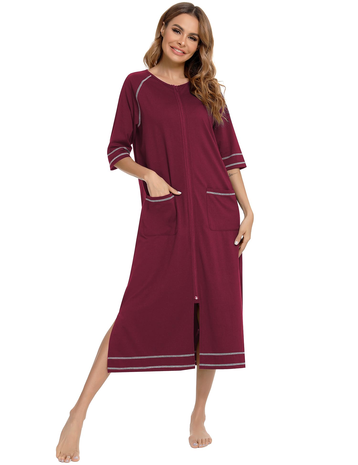 Citridarll Women Zipper Robe 3/4 Sleeves Loungewear Dress Full Length Sleepwear Pockets Housecoat Nightgown Long Bathrobe, Wine Red, Large