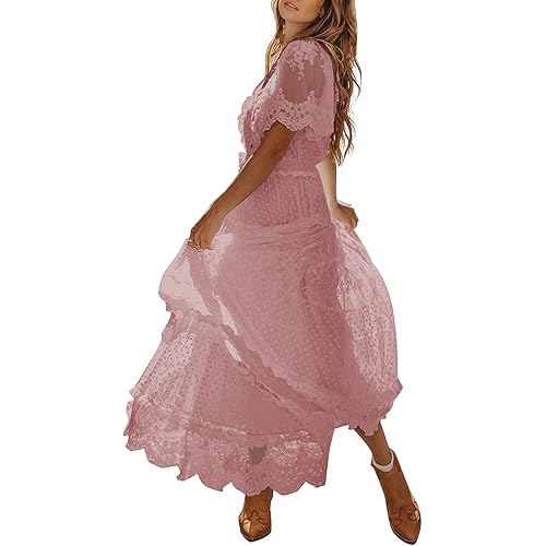 Bdcoco Women's V Neck Button Down Floral Lace Maxi Dress Casual Short Sleeve Boho Flowy Dresses