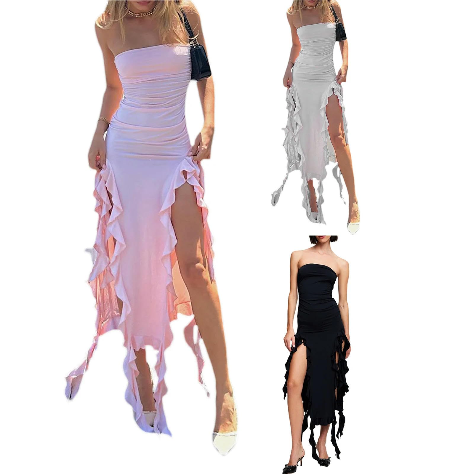 Gonna Donna Donne Abito Tubo Rafo Senza Spalline 3D Floreale Orlo Irregolare Split Bodycon Abito da Festa con Fessura Alta