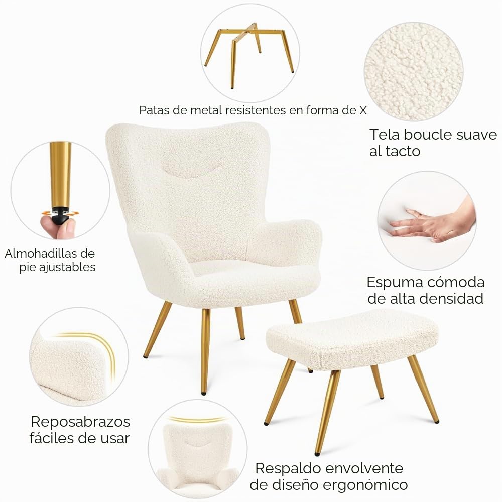 Yaheetech Sillón Orejero con Reposapiés Butaca de Salón Tapizada en Bouclé Sillón Lectura con Otomana de Respaldo Alto Ergonómico Soporte 136kg Ideal para Salón Dormitorio Oficina Marfil