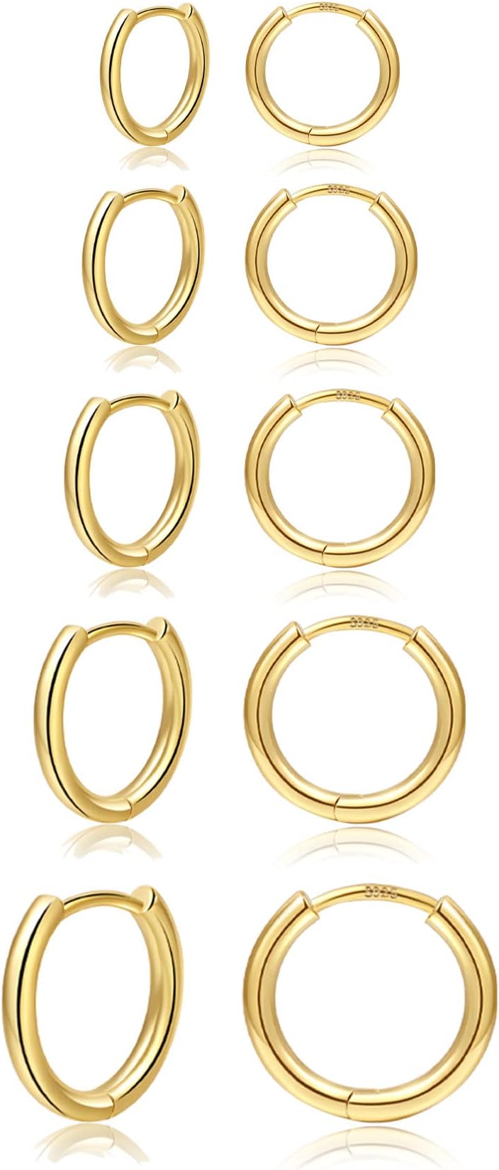 PABBEU Sterling Silver Hoop Earrings 5Pairs Silver Hoops Earrings for Women Hypoallergenic Sleeper Cartilage Small Hoop Earrings for Men Women 6/8/10/12/14mm , Sterling Silver, Cubic Zirconia