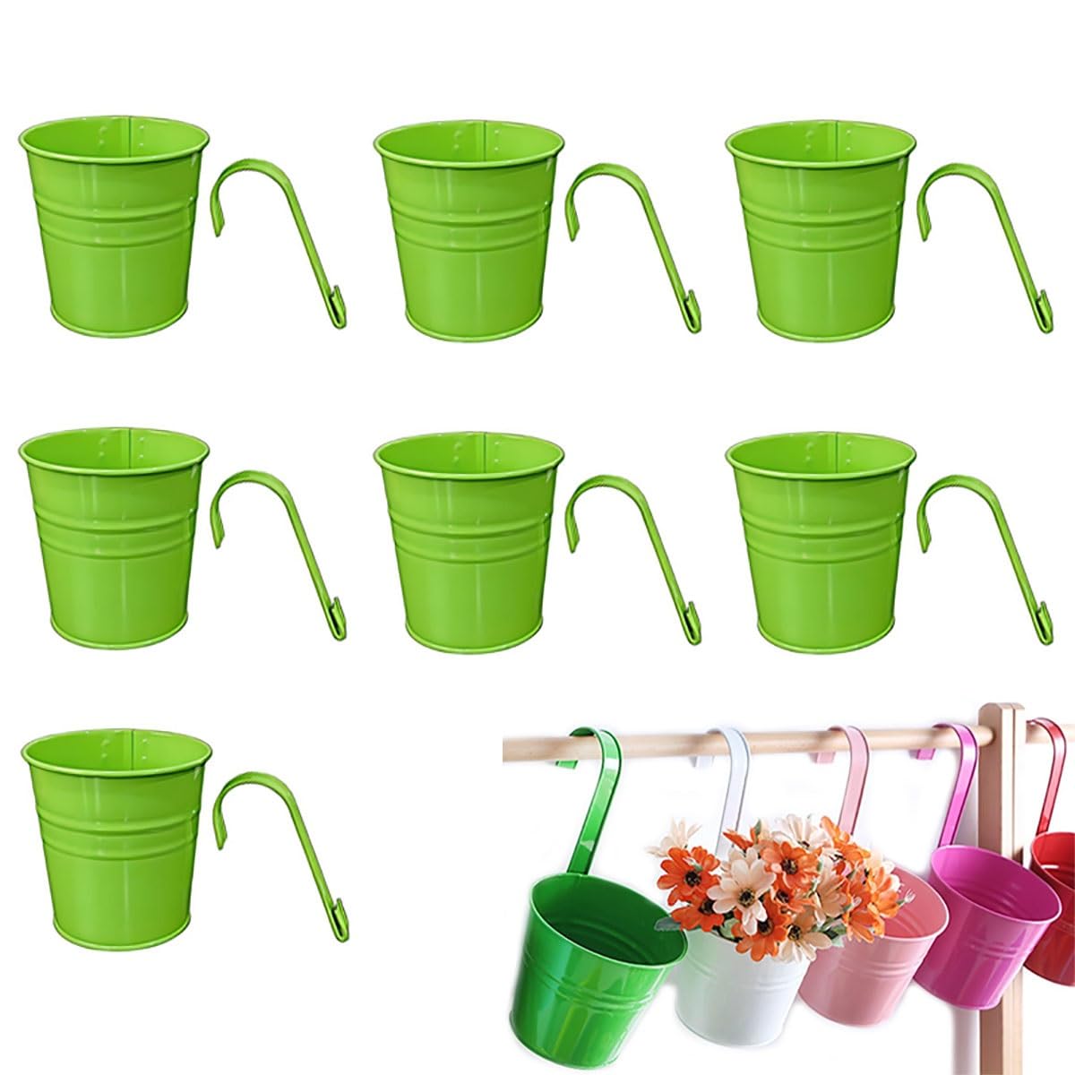 IRCKONCI 7 PCS Vintage Hanging Flower Pots Metal Iron Bucket Planter Plant Pots With Detachable Hook And Drainage Hole, for Fence Balcony Garden Wall Home Decor Outdoor Patio(Green)