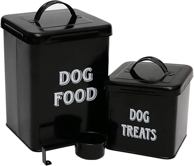 Morezi Pet Food and Treats Containers Set with Scoop for Cats or Dogs - Cream Powder-Coated Carbon Steel - Tight Fitting Lids - Storage Canister Tins - Dog Food - Black
