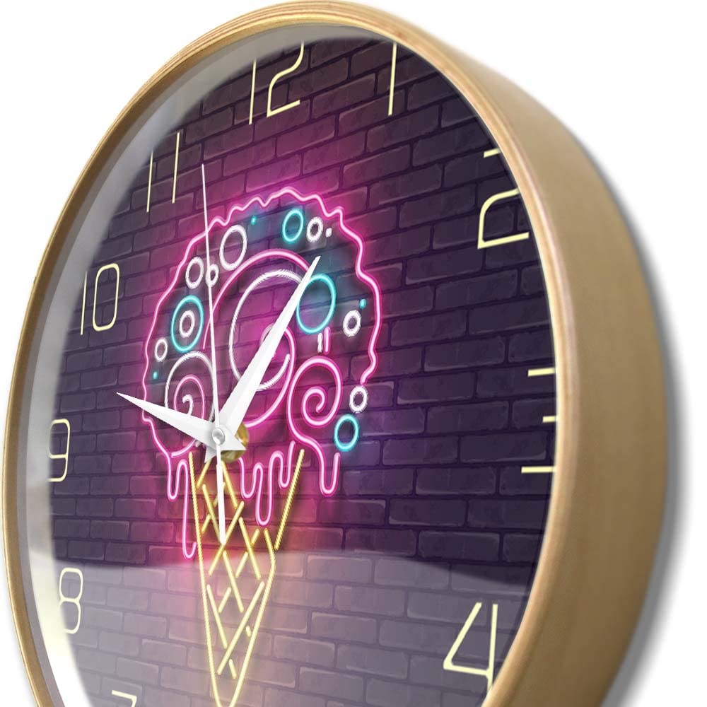 Orologio da parete silenzioso con cornice in legno gelato stampato lucido motivo neon moderno rotondo grande orologio da parete in legno a batteria senza ticchettio facile da leggere per