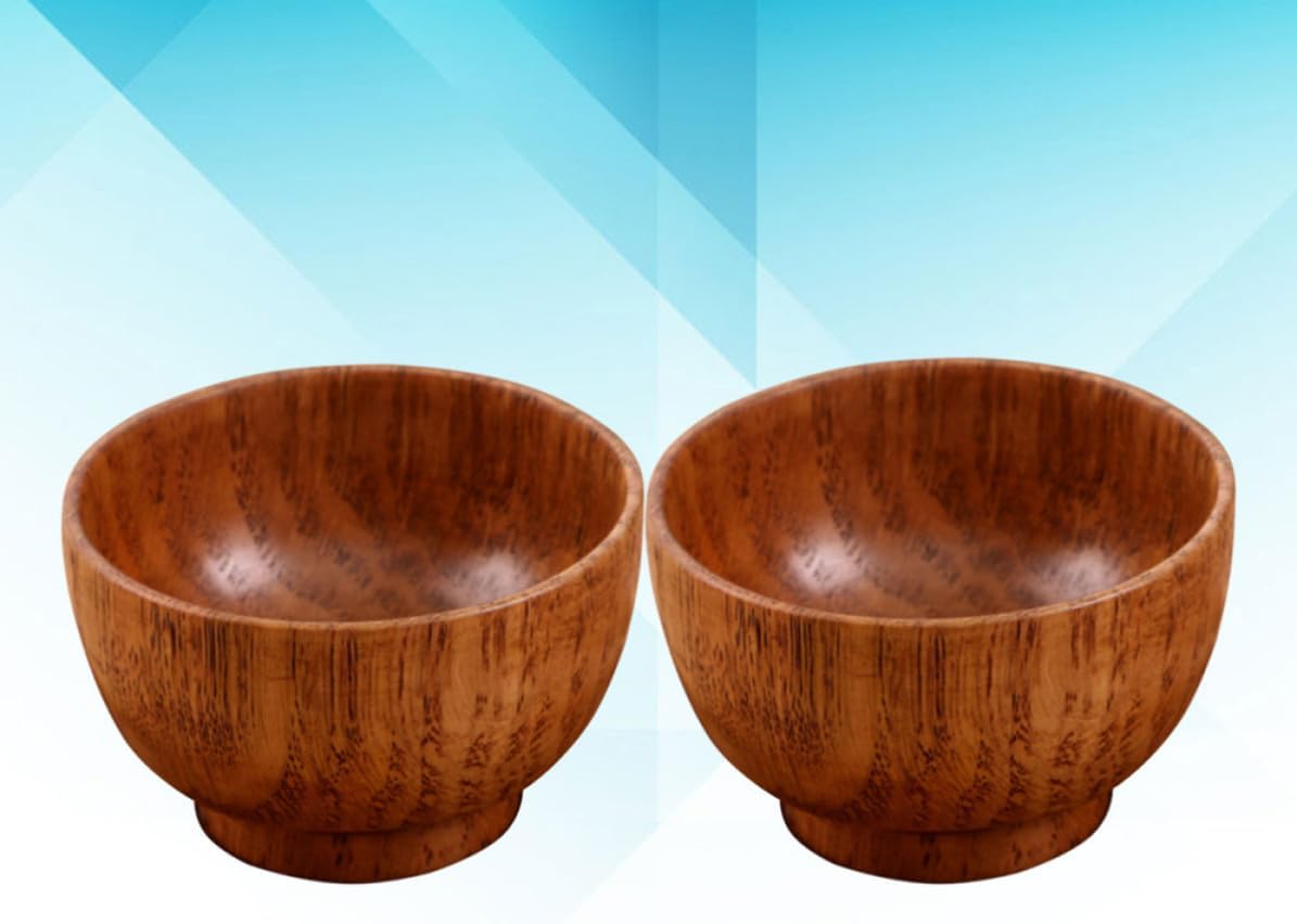 PRETYZOOM 2pcs Handmade Wood Soup Bowl for Kitchen and Restaurant Use Brown