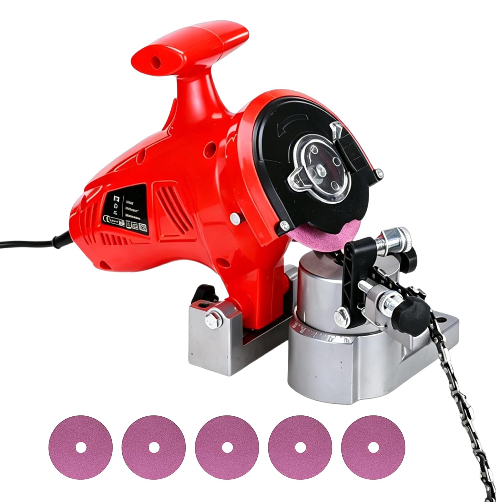 Afilador de motosierra eléctrico, afilador de cadena de sierra portátil de banco de 250 W con ángulo ajustable, amoladora de cadena de alta velocidad de 8400 rpm, afilador rojo resistente para cadenas