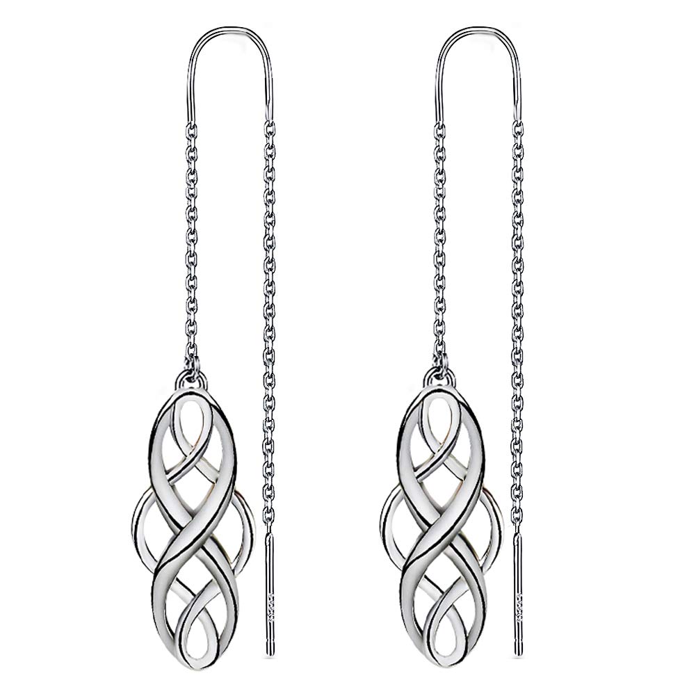 Meyiert925 Sterling Silver Celtic Knot Needle Drop Threader Pull Through Earrings for Womens