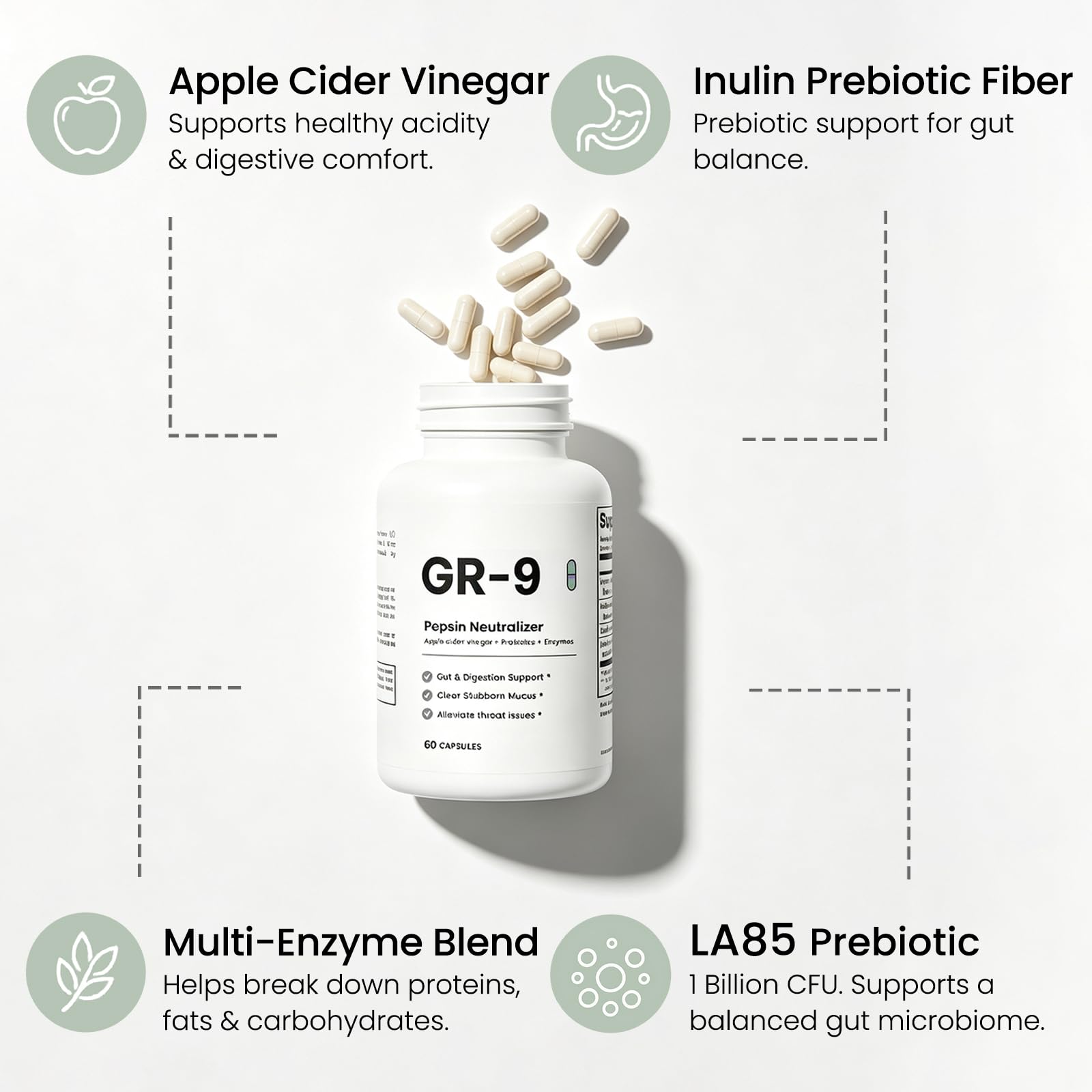 GR-9 Pepsin Neutralizer, GR 9 Supplement Pepsin, Gut & Digestion Support, Clear Stubborn Mucus, with Apple Cider Vinegar & Jerusalem Artichoke - 90 Capsules (1PCS) — Amazon image 4