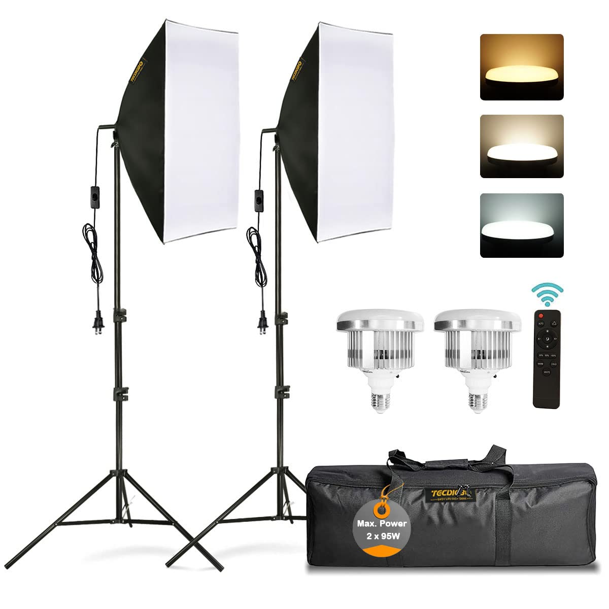 TECDIGBO 95W Softbox Lighting Kit, Photography Studio Light E27 6500K Dimmable Bulbs Energy Saving LED for Portraits Fashion Advertising Vlogging, Podcast, Video, Live Stream, Film etc