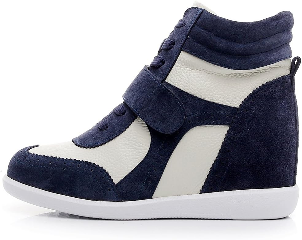 rismart Women's Wedge Heel Hook&Loop Brogue High Top Comfortable Stylish Trainers Shoes SN8599(Navy&Beige,uk2.5)