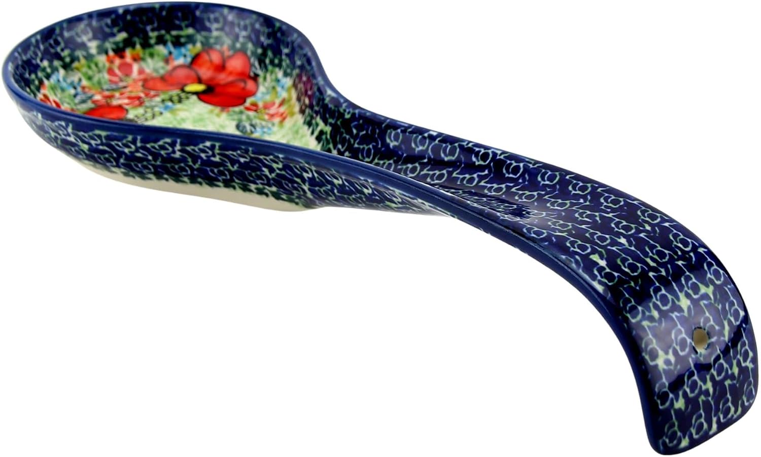 Polish Pottery Market 12” Long Handmade by Zaklady Boleslawiec Poland, Cute Spoon Rest for Stovetop, European kitchen décor, Ladle Holder (Garden Meadow Unikat)