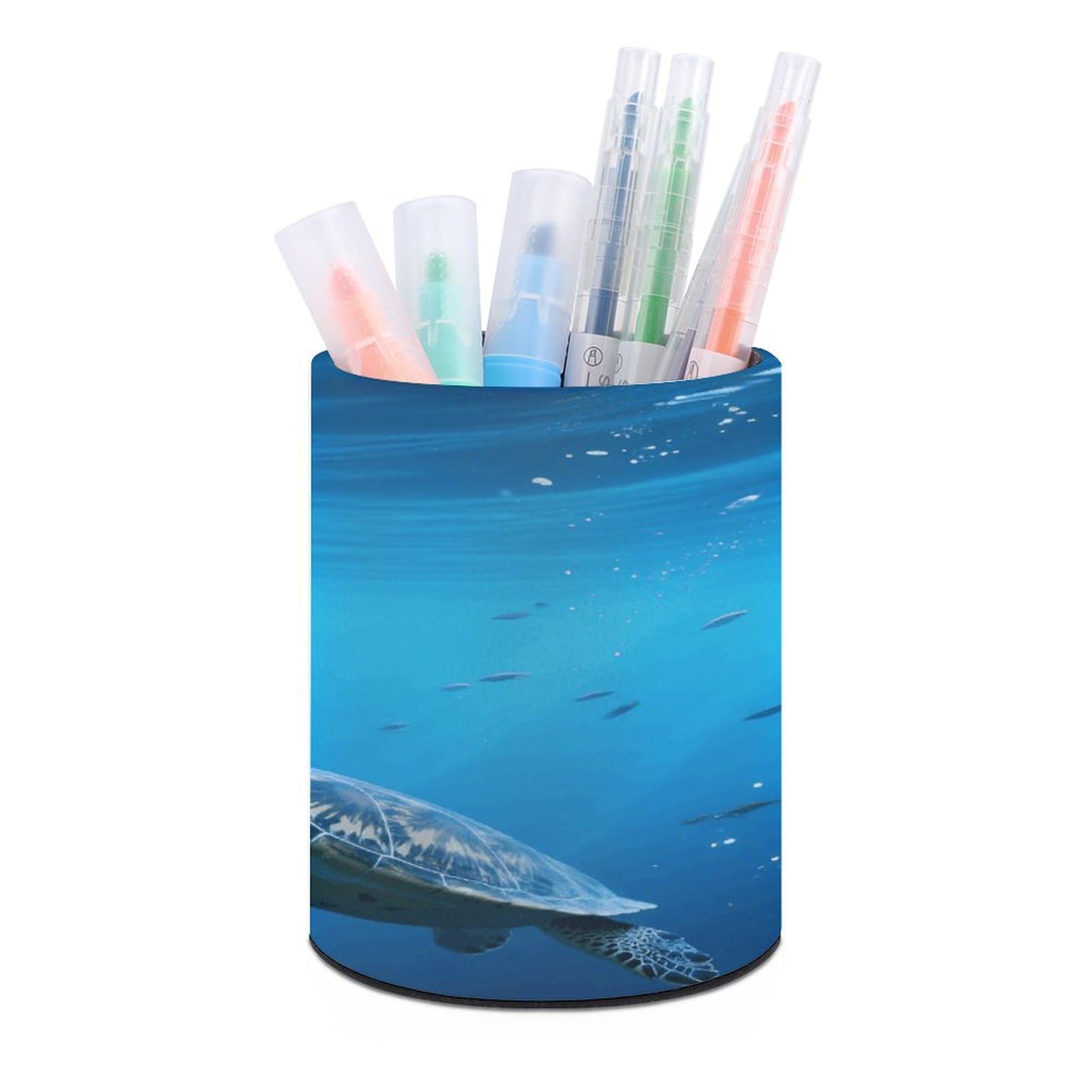 VstaDank - Blue Sea Turtles Round Pencil Holder PU Leather Desk Organizer Stand for Desk Desk Office Desk Home Decor