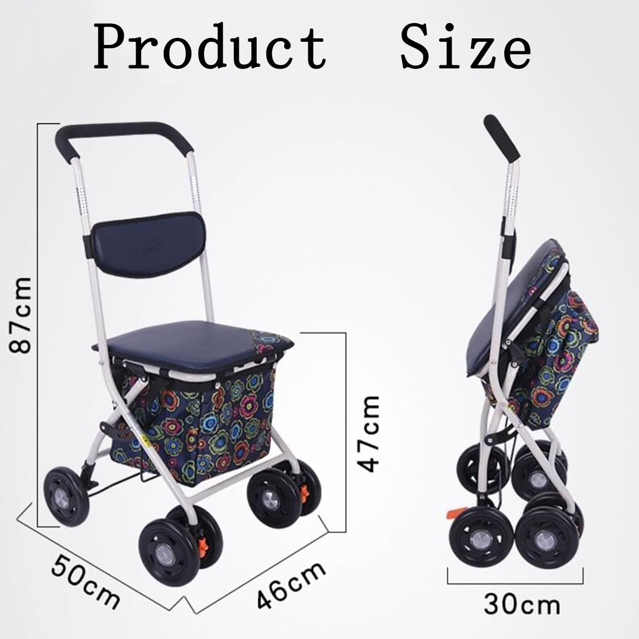 Carrello Pieghevole Portatile,Carrellino per Anziani Alluminio,Grande capacità,Deambulatore con Seduta Multifunzione,Supporta Fino A 90KG