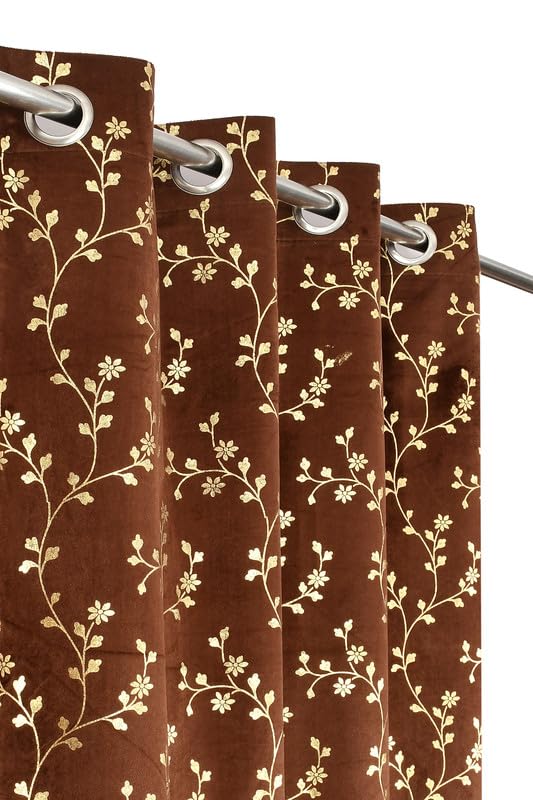 Image of Heavy Velvet Fabric Luxury Looks Room Darkening Floral Designer Curtains 6 Feet for Window, Brown, Pack of 2 Pieces
