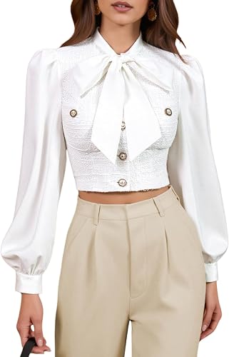 winkbay Women's Bow Tie Neck Button Down Lantern Long Sleeve Tweed Tops