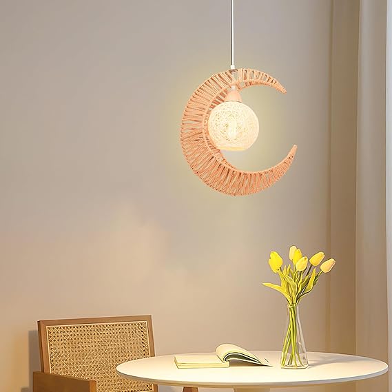 LIGKIN Hanglamp, 2 stuks, rotan, maanvormig, E27 papieren koord, lampenkap, vintage boho-plafondlamp voor slaapkamer, woonkamer, keuken, café photo 3