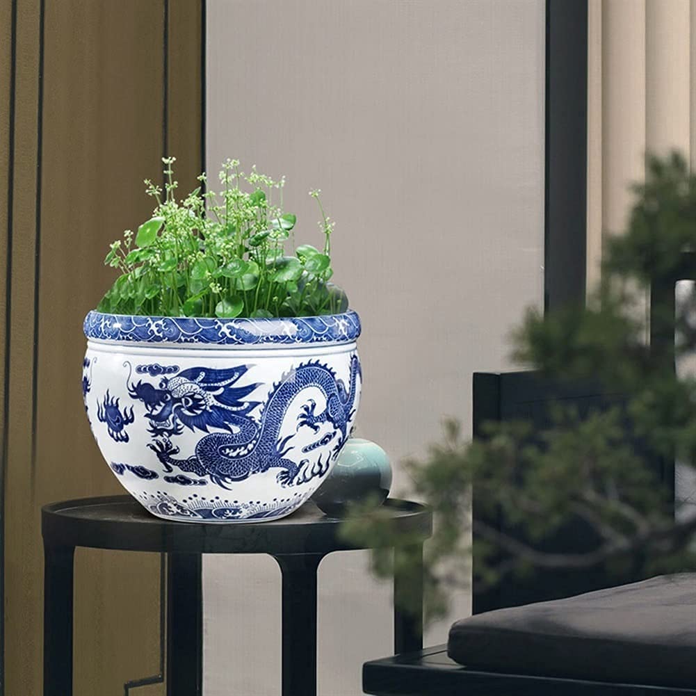 Porcelanowa Niebiesko-Biała Misa Dla Rybek, Misa Dla Rybek Z Chińskim Wzorem Smoka, Ceramiczna Doniczka Na Kwiaty, Dekoracja Hydroponiczna, Doniczka Na Żonkila,22.5cm