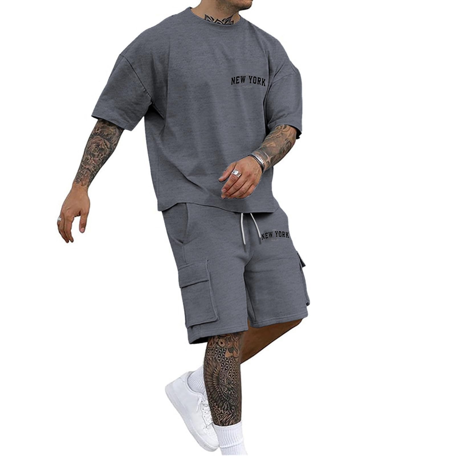 Imprimé lettre t-shirt décontracté homme ensemble ample d'été - 8