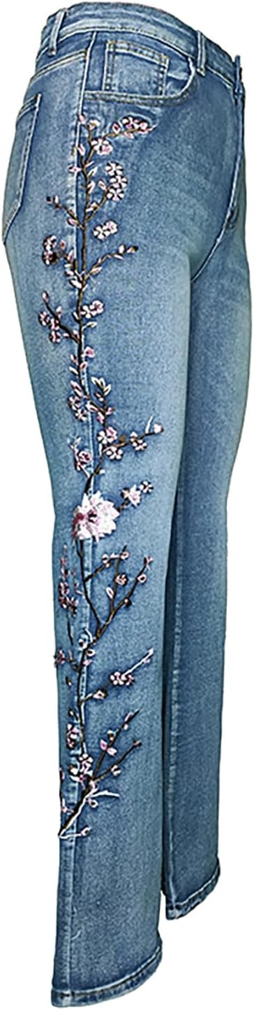 Flared Jeans for Women High Waist Bell Bottom Curvy Bootcut Jeans Retro High-Rise Stretch Embroidery Denim Pants