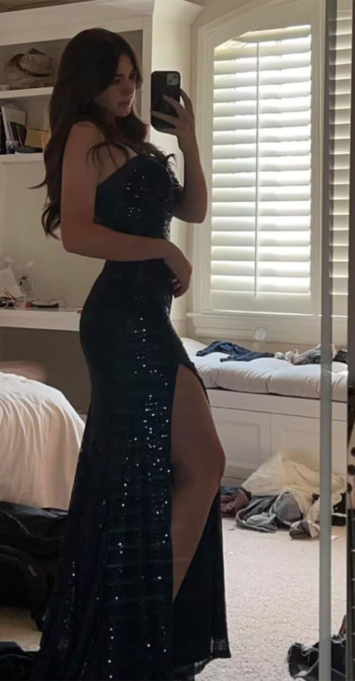 Sparkly Sequins Mermaid Prom Dresses 2026 for Women with Slit Long Square Neck Ruched Formal Evening Gown ZO045 - Image 3