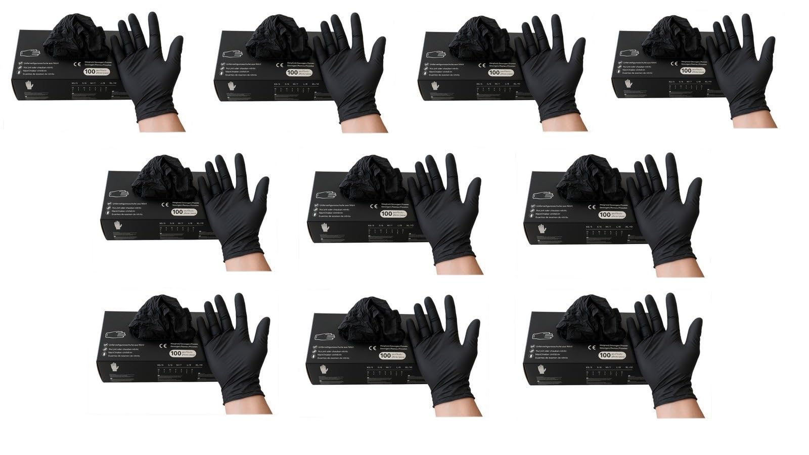 Lot de 100 gants jetables en nitrile sans poudre et sans latex - Taille S à XL - Pour usage médical et commercial - Noir