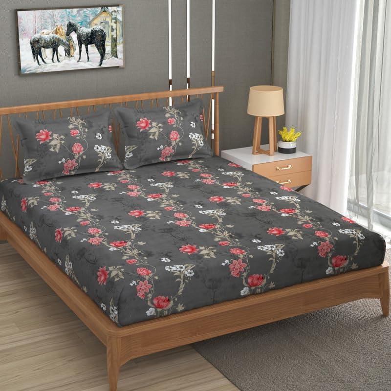 Image of NHD HOME Cotton 220 TC Super King Size Bedsheet Floral Print 108 X 108 Inch Size with 2 Pillow Cover, 275 X 275 Cm Super King Size (9 Ft by 9 Ft) (Dark Grey Pink)