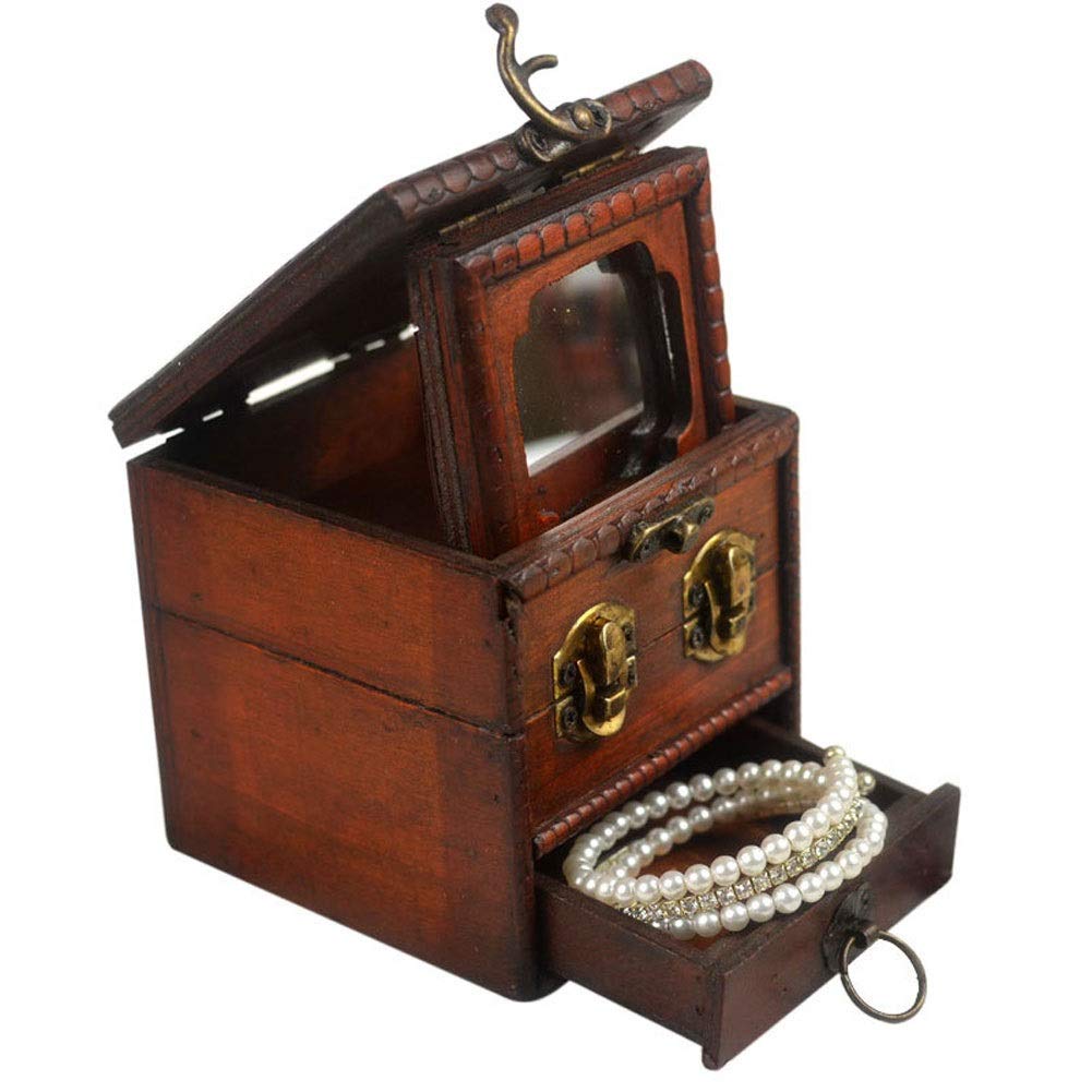 Sddpulse Women's Jewelry Boxes Wooden Retro Jewellery Chest With Mirror Portable Travel Jewellery Organiser Girls Jewelry Box For