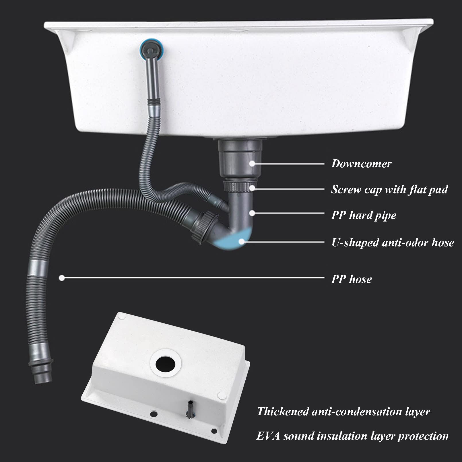 Zlew kuchenny Topmount White Quartz Stone z 2 otworami i jedną komorą, zlew granitowy do wpuszczania w blat, z baterią i akcesoriami, zestaw 8 elementów