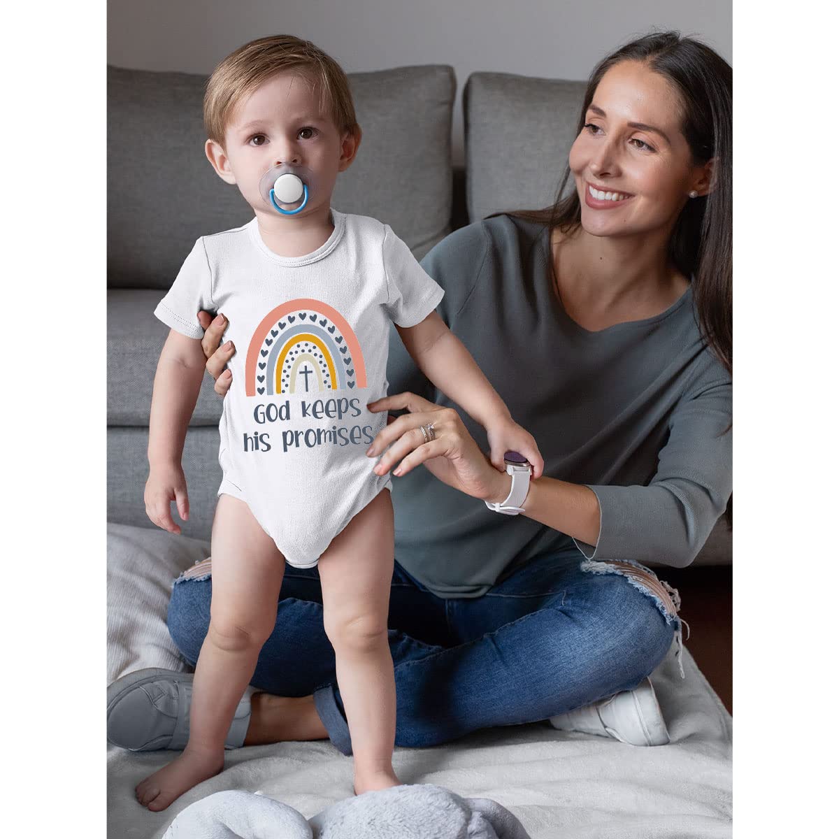FastDeliveryTees God Keeps His Promises Rainbow Baby Onesie - Funny Infant One-piece Baby Bodysuits - White Baby Onesie 0-3 Months