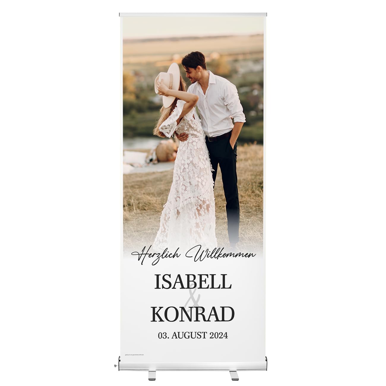 Herz & Heim® Hochzeitsbanner personalisiert mit Foto, Namen & Datum - Just Married Roll Up Banner - 200 x 87 cm Banner selbst gestalten als Geschenk Hochzeit Dekoration