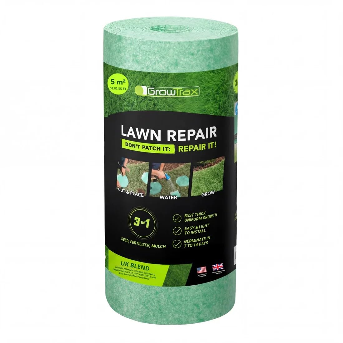 Growtrax Biodegradable Grass Seed Mat - 5 sqm Year Round Green - Grass Seed for Lawns, Dog Patches & Shade - Just Roll, Water & Grow - No Fake or Artificial Grass