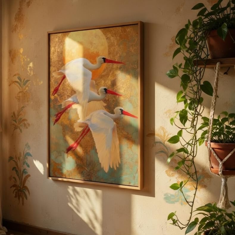 Image of Livin'luxe Flying Crane Bird Wall Painting with Wooden Frame | Elegant Bird Artwork HD UV Laminated MDF Wall Decor | Nature Inspired Wall Art for Living Room Bedroom Home Decor