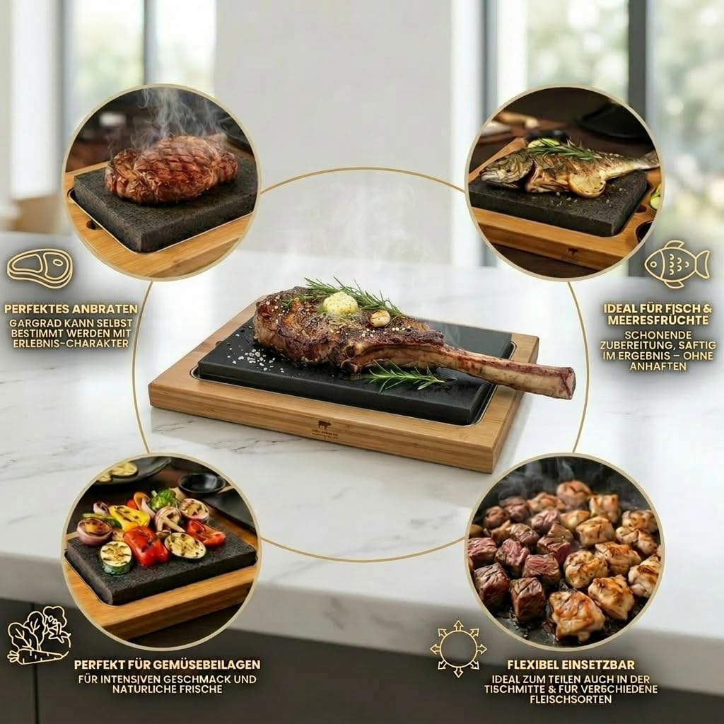 Set di mattoni lavici per bistecche, extra grande, in pietra calda, in pietra lavica e piastra in porcellana, carne, pesce grigliato su pietra calda (XXL)
