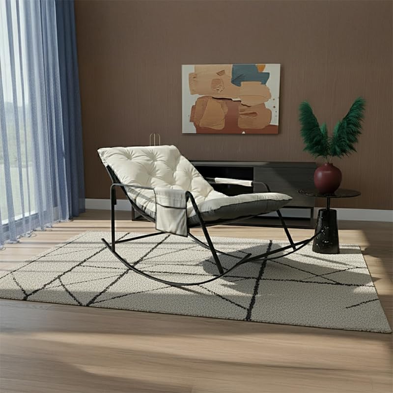 Image of Rocking Chair with High Backrest - Ergonomic Lounge Chair with Plush Cushion, Sturdy Black Metal Frame, Side Storage Pockets, Smooth Rocking Motion, Indoor & Outdoor Use, (Cream - Large)