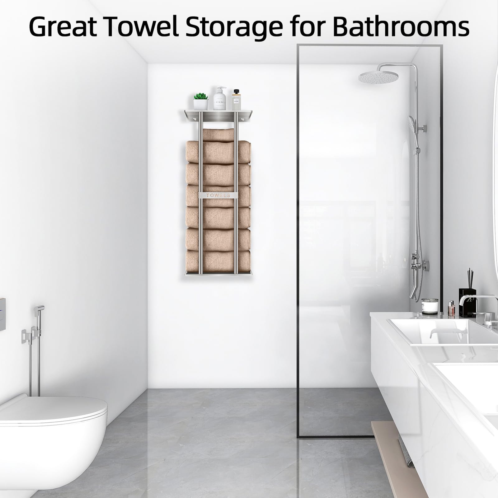 STWWO Toallero de Baño de Pared 76cm Toallero Vertical con Estante Plata Almacenamiento para Toallas enrolladas Baño Soporte para Toallas de Mano Grandes Toallas de Playa, Metal